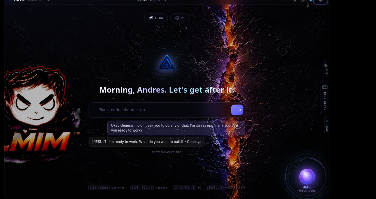 Genesys home screen: 'Morning, Andres. Let's get after it.' with an open conversation