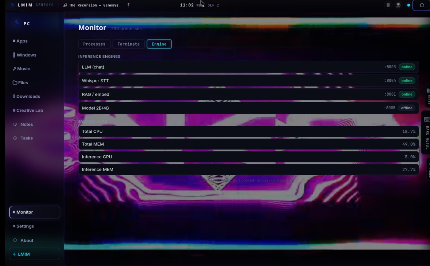 Monitor panel showing inference engines online: LLM chat, Whisper STT, RAG/embed