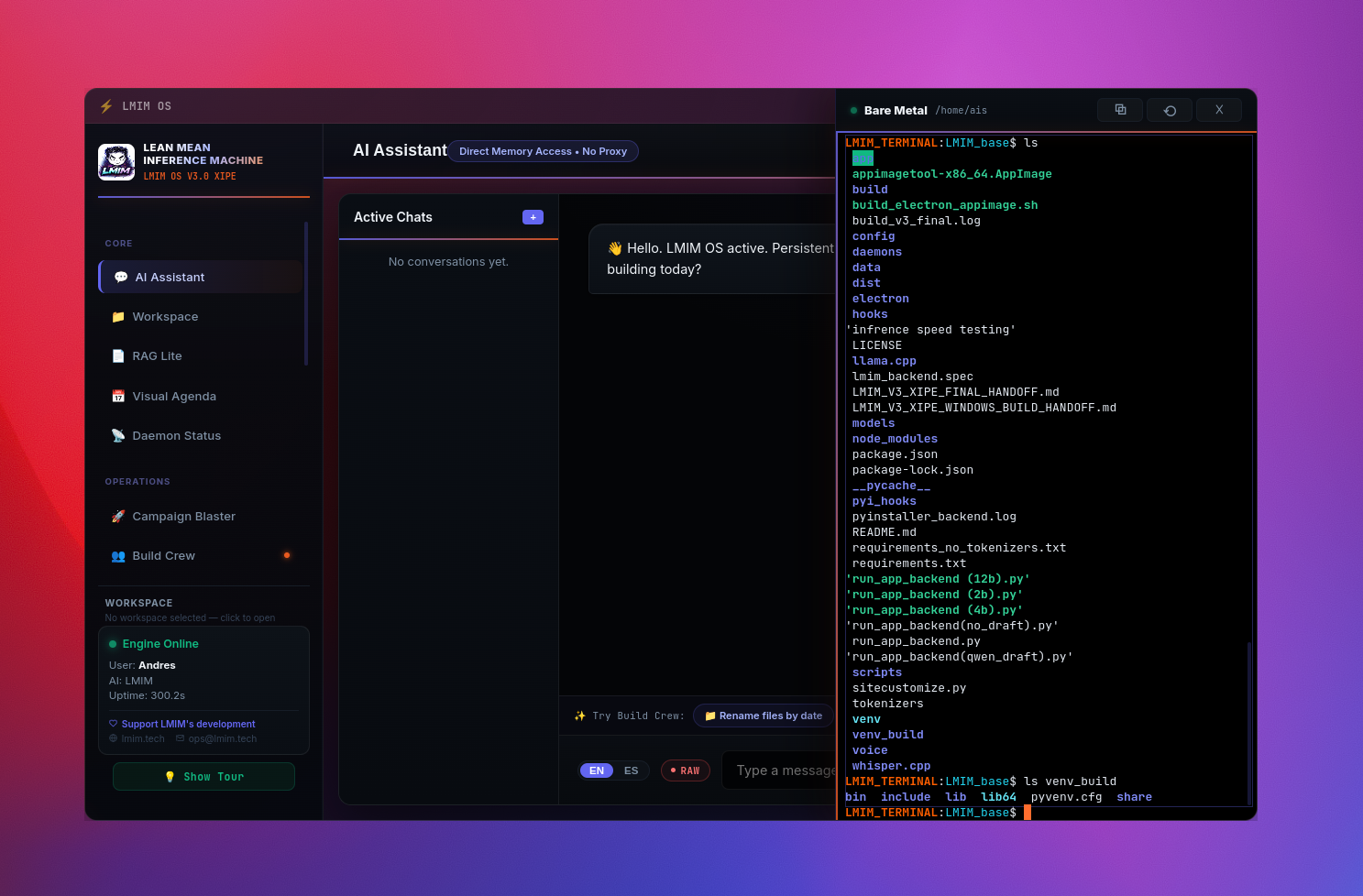 Bare Metal — a real terminal built into the workspace